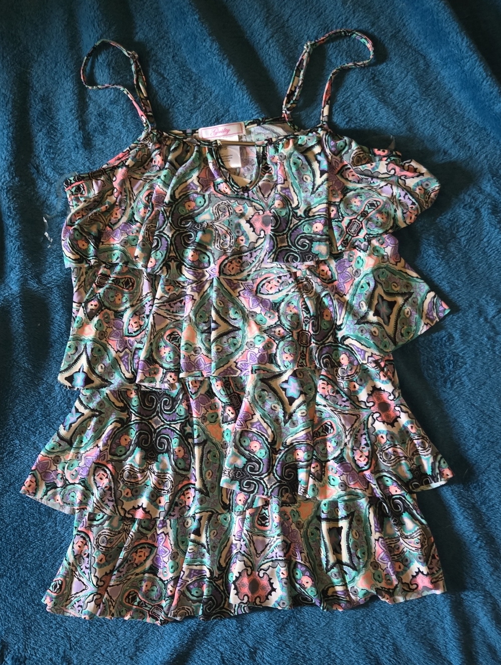 Colorful Paisley Tiered Spaghetti Strap Blouse - Pink, Green, Black